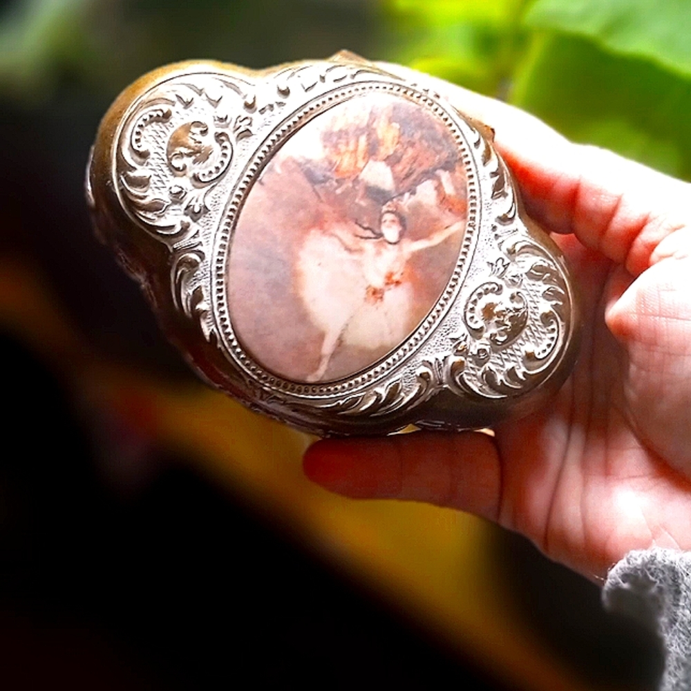 Lovely vintage metal jewelry ring box with ballerina